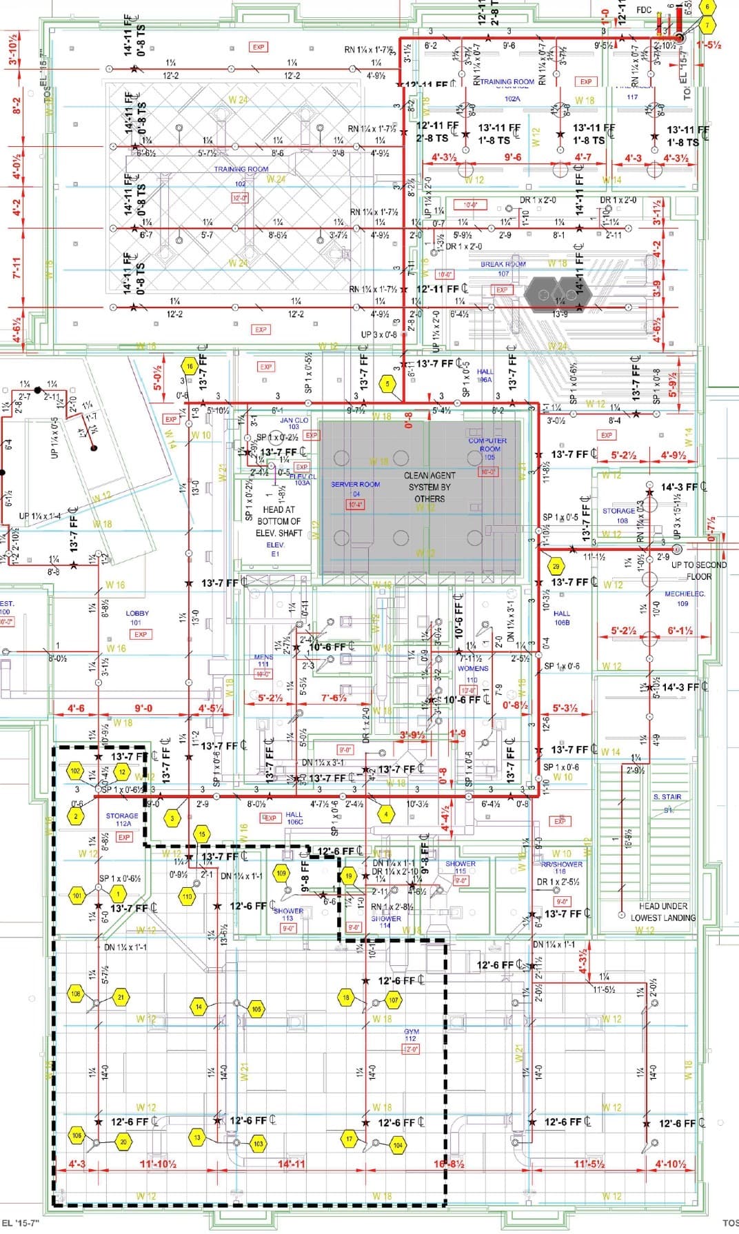 Fire sprinkler floor plan showing sprinkler head layout, pipe routing, and hydraulic design areas