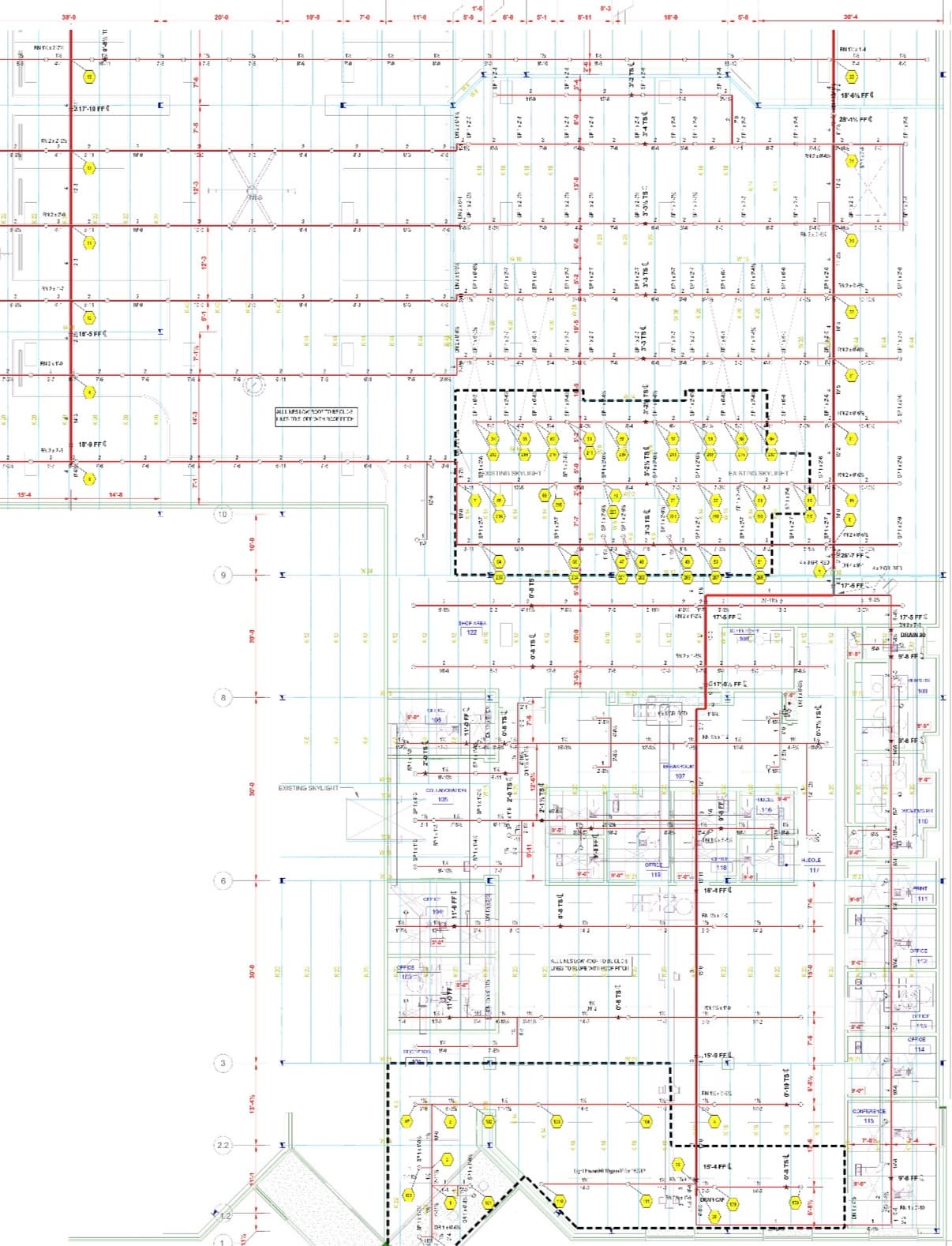 Fire sprinkler shop drawing detailing branch line routing, head spacing, and pipe sizing across a building floor