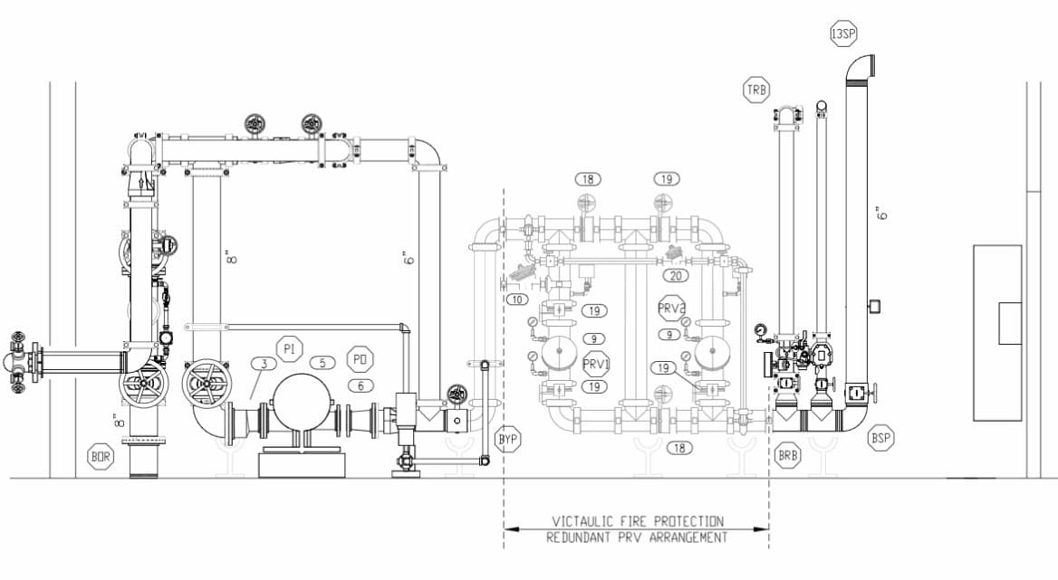Front elevation drawing of a fire pump room with a Victaulic redundant pressure-reducing-valve arrangement