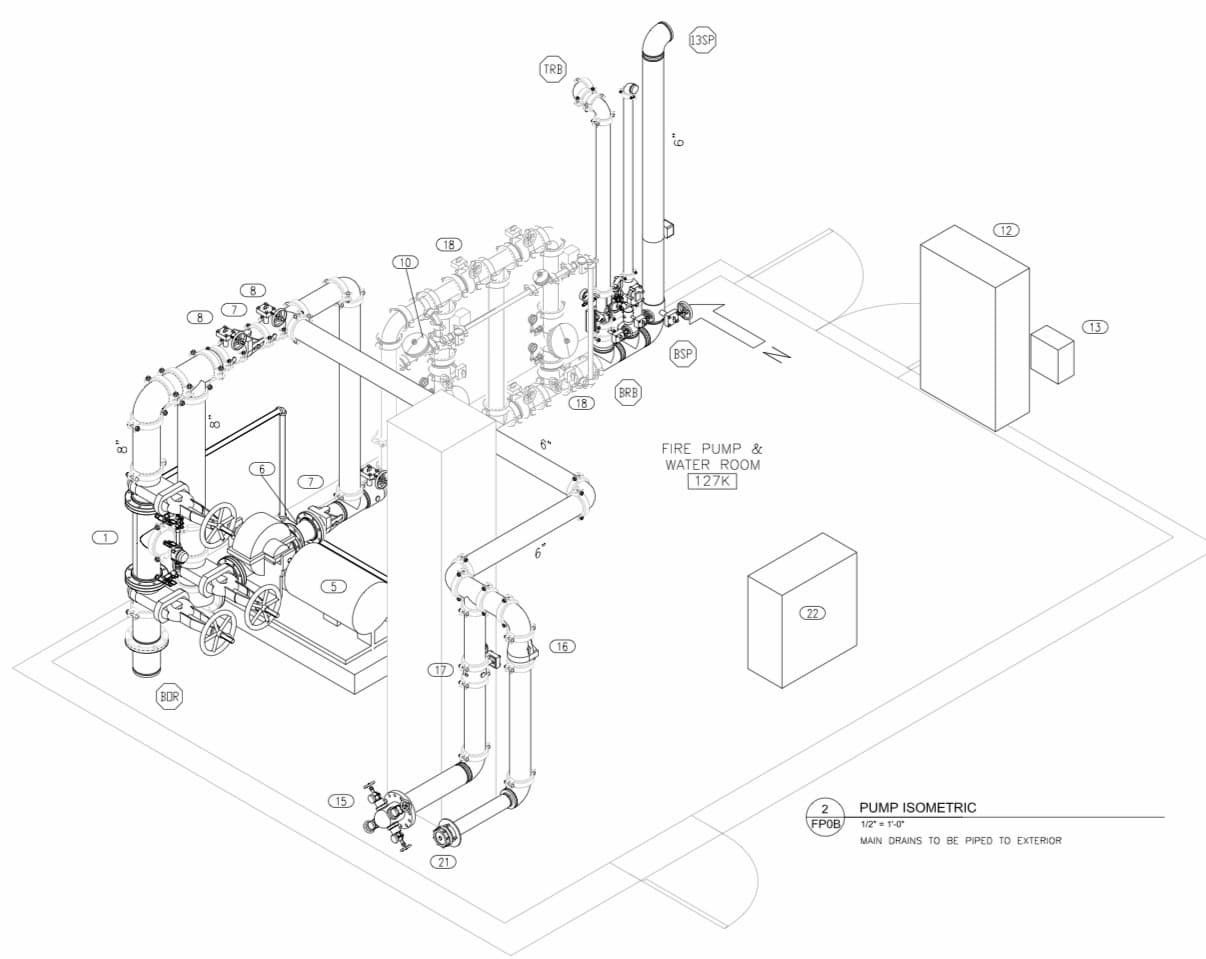 Fire pump and water room isometric drawing showing suction and discharge piping, control valves, and test header by Myers AFP