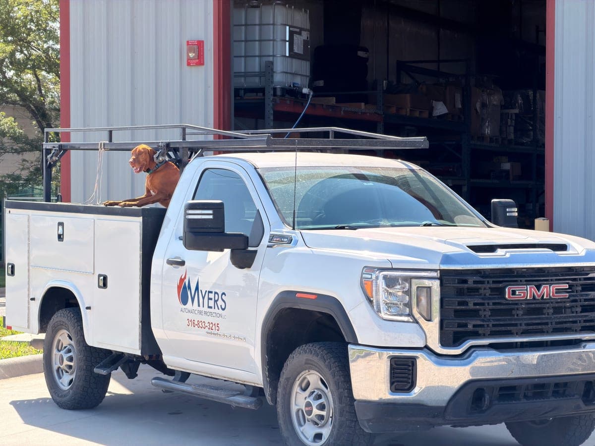Myers AFP fire sprinkler service truck loaded and ready at the shop in Wichita, Kansas