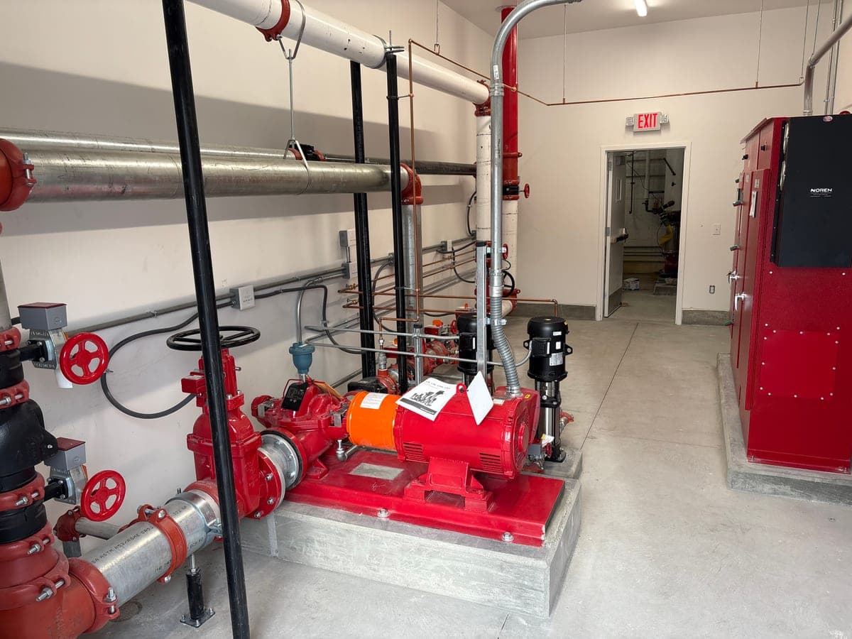 Commercial fire pump and sprinkler riser room installed by Myers AFP in Kansas