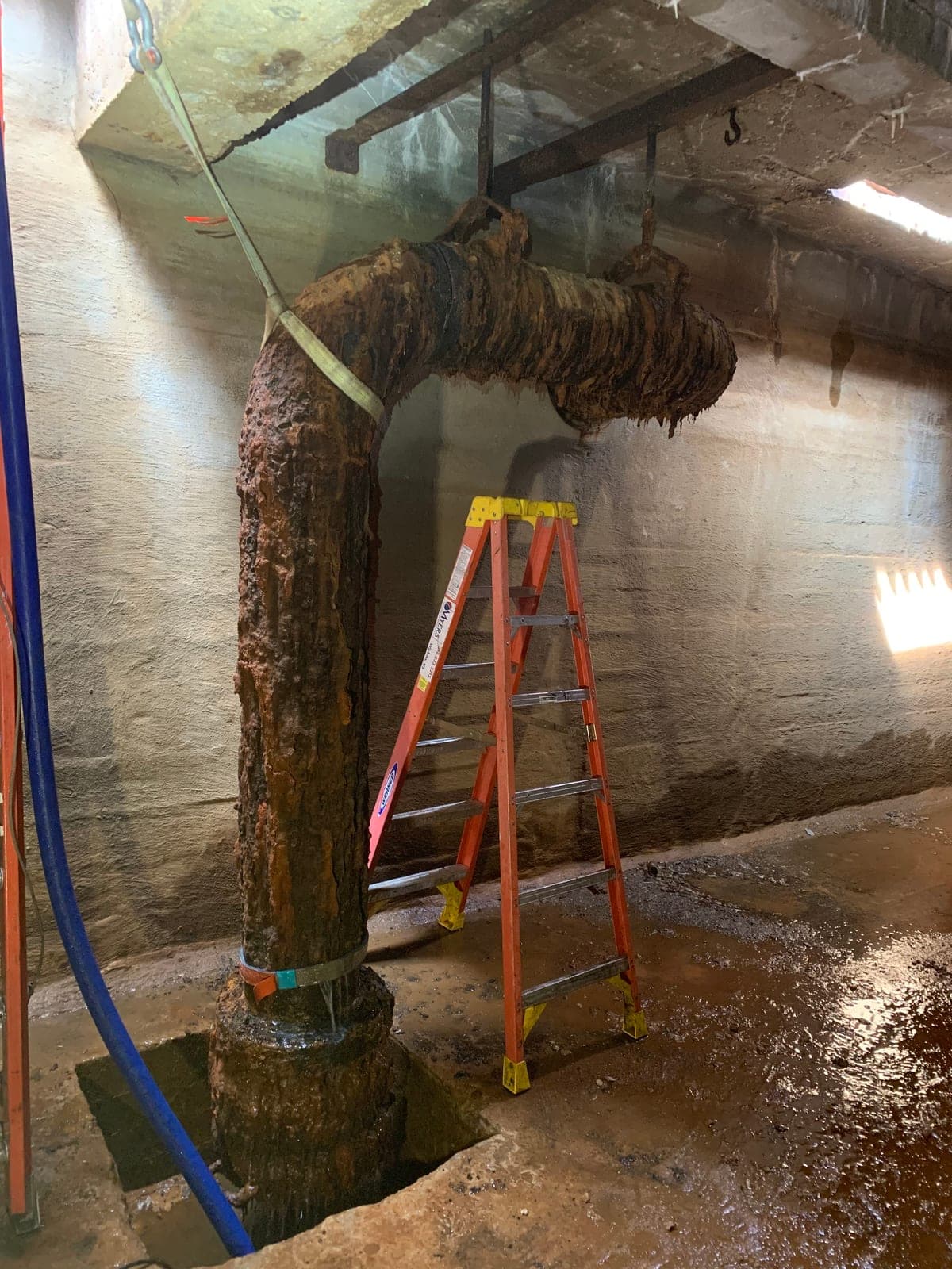 Heavily corroded fire sprinkler riser pipe before rebuild by Myers AFP at a Kansas facility