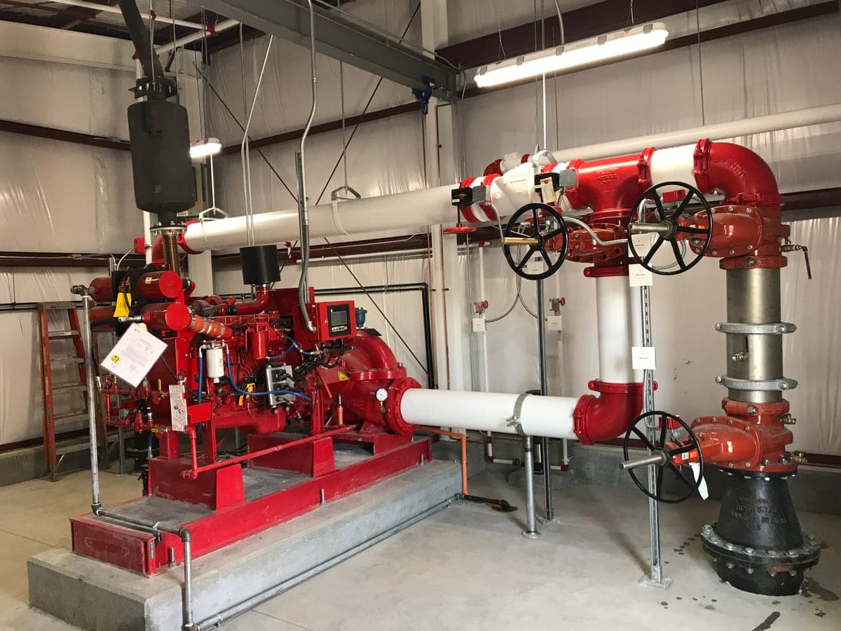 Newly installed fire pump and fire sprinkler riser system by Myers AFP at a Kansas facility